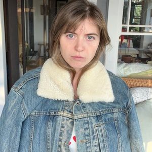 Sandy Liang Jean jacket with shearling fur collar